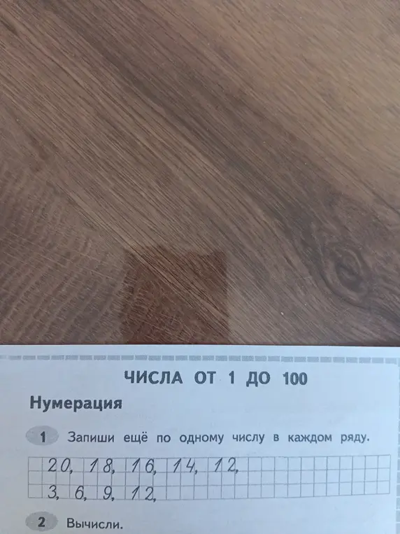 Предложи записать еще по одному числу в каждом ряду: 20, 18, 16, 14, 12 и 3, 6, 9, 12