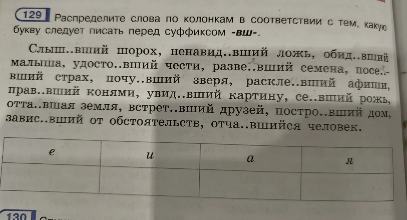 Распредели слова по колонкам в соответствии с тем, какую букву следует писать перед суффиксом -ВШ-