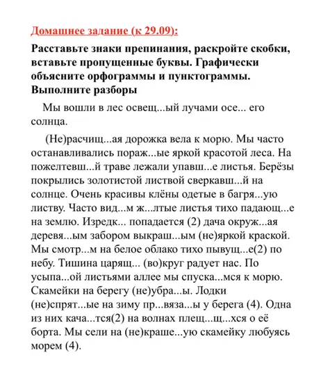 Выполни расстановку знаков препинания, раскрой скобки и вставь пропущенные буквы в предложении "Мы вошли в лес освещ...ый лучами осе... его солнца".