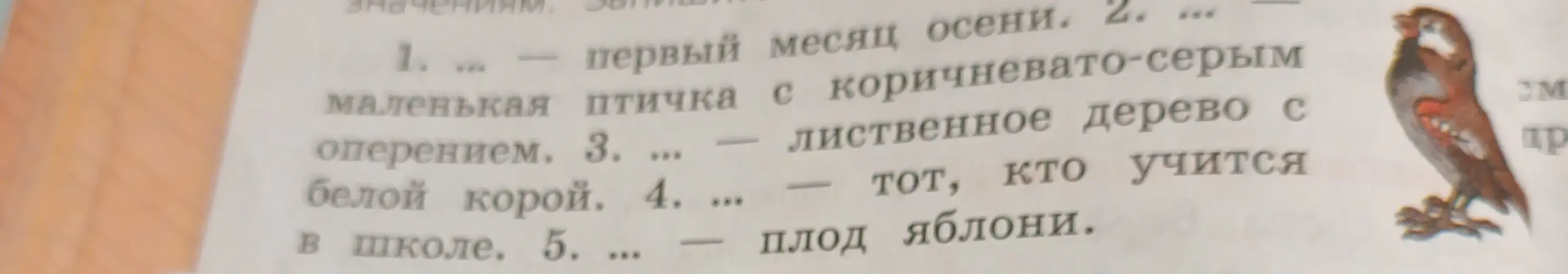 Помоги подобрать слова, подходящие по смыслу к фразам про месяц осени, птичку с коричневато-серым оперением, дерево с белой корой, того, кто учится в школе и плод яблони