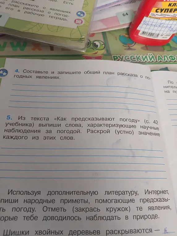 Составь и запиши общий план рассказа о погодных явлениях. Из текста «Как предсказывают погоду» (с. 42 учебника) выпиши слова, характеризующие научные наблюдения за погодой. Раскрой (устно) значение каждого из этих слов.