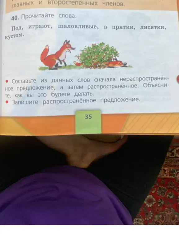 Составь сначала нераспространённое предложение, а затем распространённое из слов: под, играют, шаловливые, в прятки, лисятки, кустом.