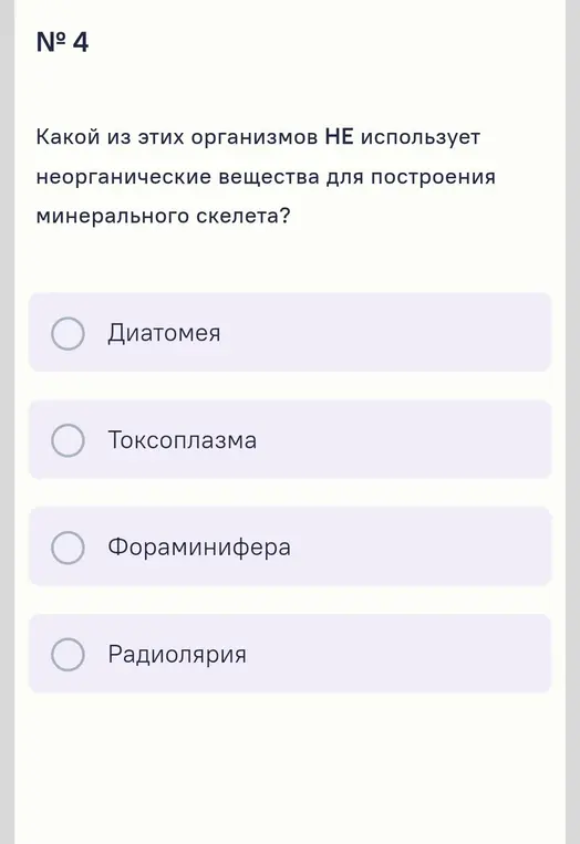 Какой из этих организмов не использует неорганические вещества для построения минерального скелета?