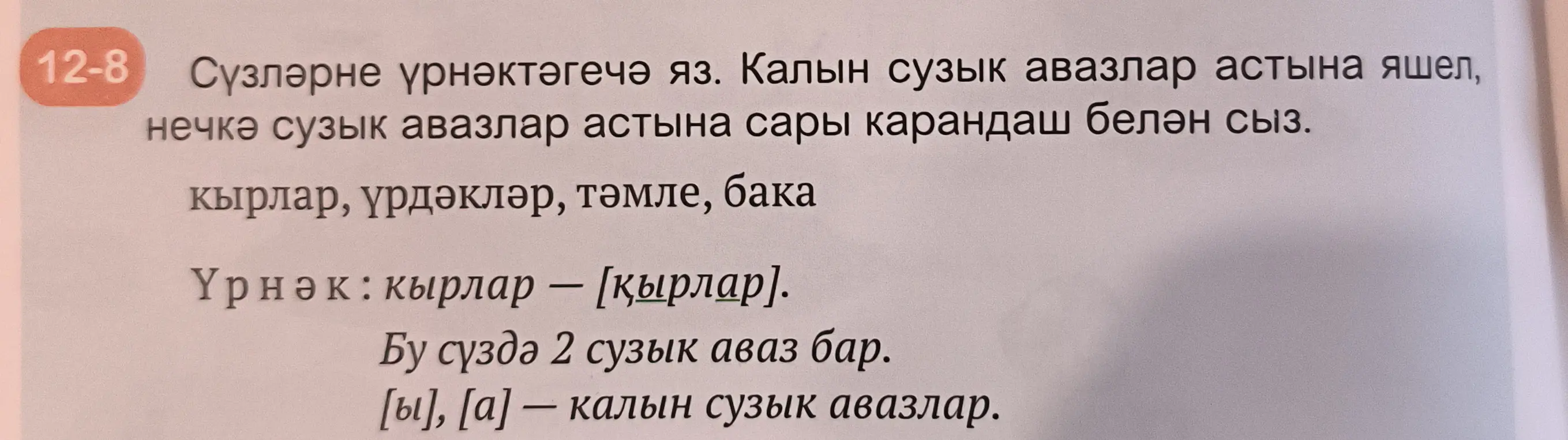 Выполни задание, подчеркни слова: «кырлар, үрдәкләр, тәмле, бака». Калын (толстые, твердые) сузык авазлар (гласные звуки) астына яшел (зеленым), нечкә (тонкие, мягкие) сузык авазлар астына сары карандаш белән сыз (желтым карандашом).