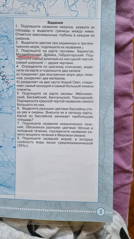Подпиши названия океанов, укажи их площадь и выдели границы между ними.