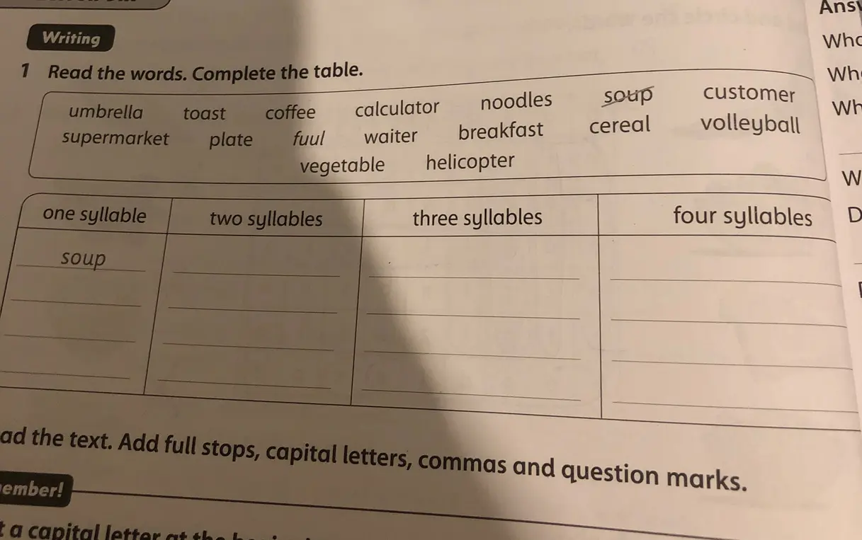 Разложи слова из списка по количеству слогов в них.
