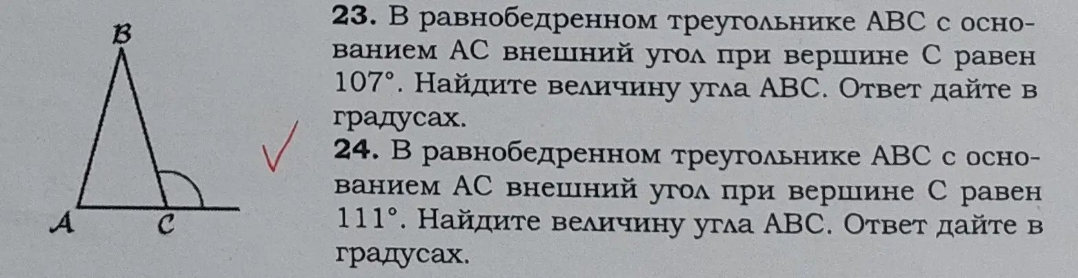 В равнобедренном треугольнике ABC с основанием AC внешний угол при вершине C равен 111°. Найди величину угла ABC.