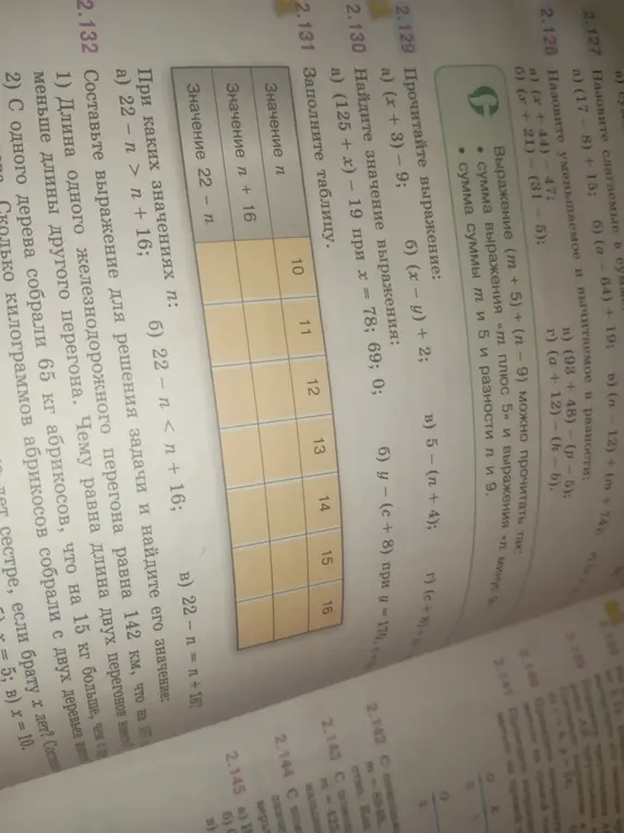 Заполни таблицу 2.131 и найди значения при каких n 2.132: a) 22 − n > n + 16
