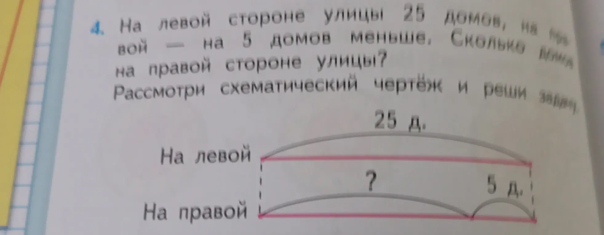 Вычисли, сколько домов на правой стороне улицы, если на левой стороне 25 домов, а на правой на 5 домов меньше.