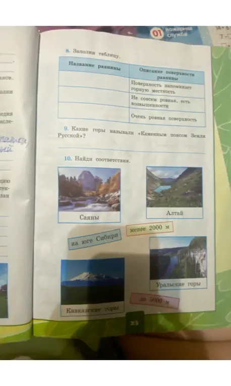 Ответь на вопросы: «Какие горы называли «Каменным поясом Земли Русской»?» и «Найди соответствия».