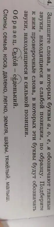Запиши слова, в которых буквы а, о, е, я обозначают гласные звуки, находящиеся в слабой позиции, по образцу.