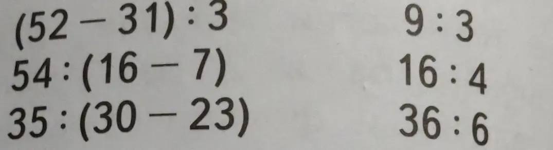 Реши примеры: (52-31):3, 54:(16-7), 35: (30-23), 9:3, 16:4, 36:6