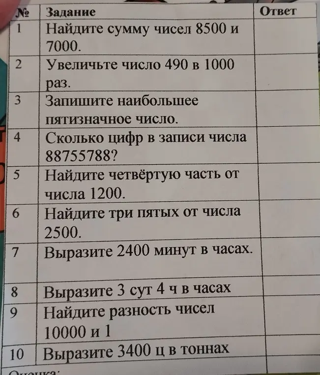 Найди сумму чисел 8500 и 7000.