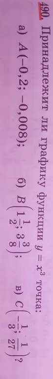 Определи, какие из точек A(-0,2; -0,008), B(1/2; 3/8), C(-1/3; 1/27) принадлежат графику функции y = x³.