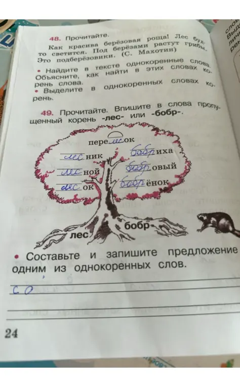 Найди в тексте однокоренные слова, объясни, как найти корень слова, выдели корень в однокоренных словах, впиши в слова пропущенный корень -лес- или -бобр-, составь и запиши предложение с одним из однокоренных слов.