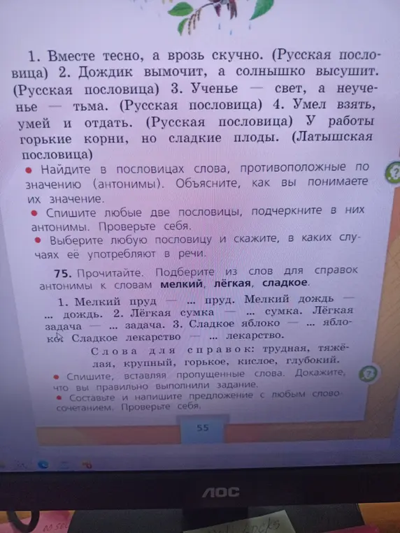 Подбери из слов для справок антонимы к словам мелкий, лёгкая, сладкое.
