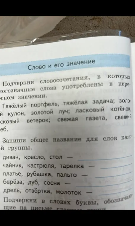 Подчеркни словосочетания и запиши общее название для слов каждой группы.