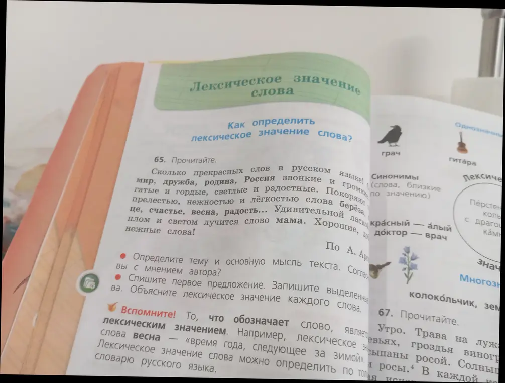 Определи тему и основную мысль текста, спиши первое предложение и объясни лексическое значение каждого слова.