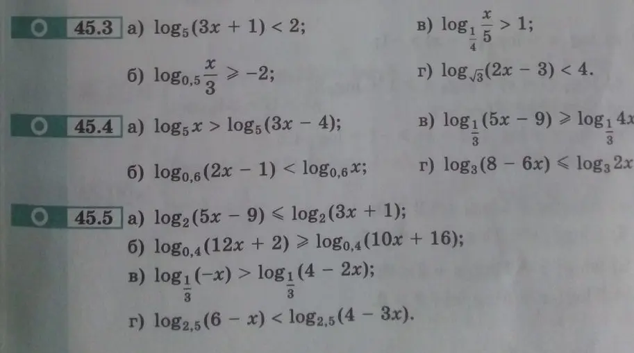 Реши логарифмические неравенства: 45.3 a) log5(3x + 1) < 2