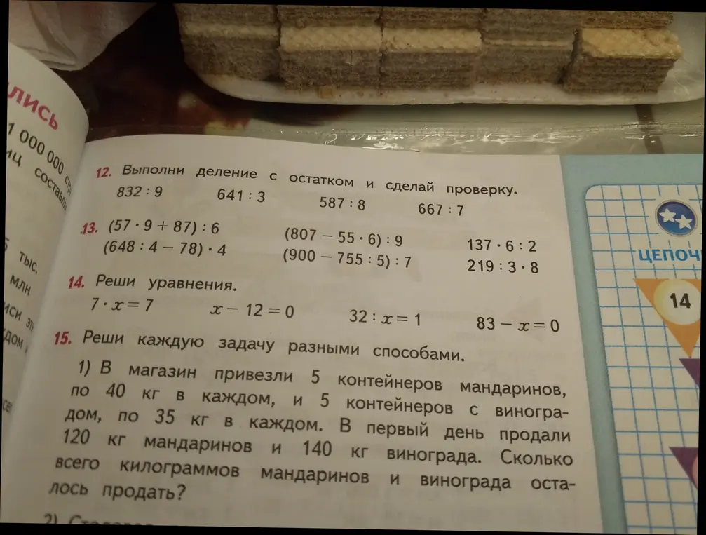 Выполни деление с остатком и сделай проверку, реши выражения и уравнения, реши задачу разными способами.