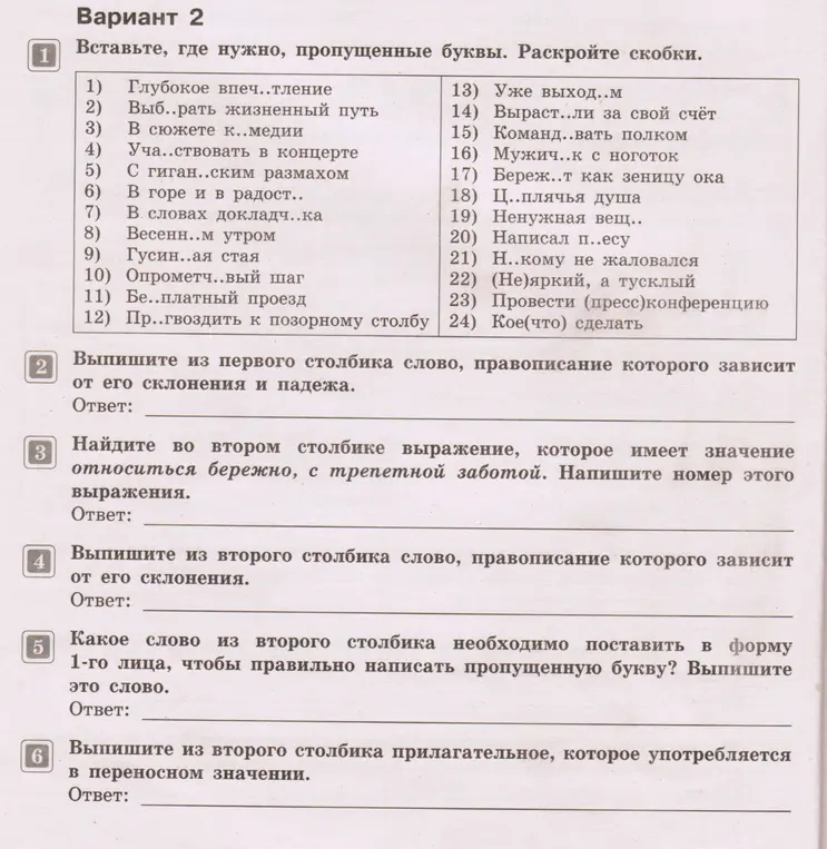 Выполни задания по русскому языку: вставь пропущенные буквы, раскрой скобки, выпиши слова и выражения из столбиков по заданным критериям.