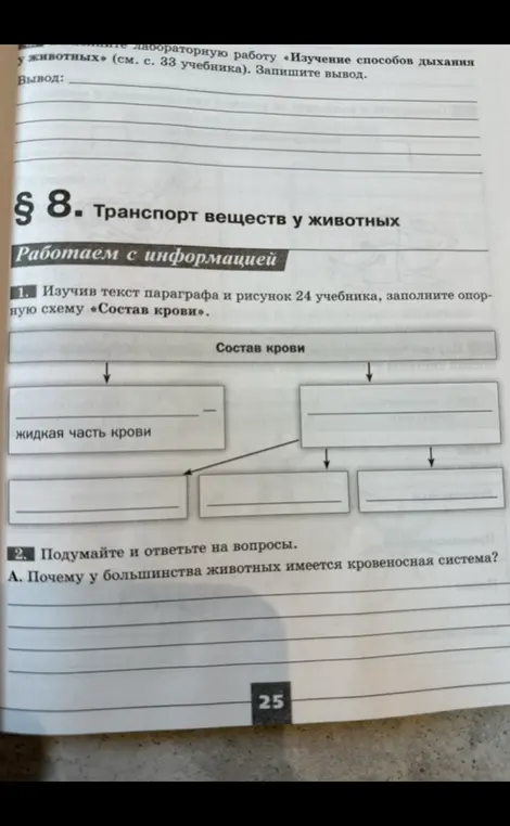 Заполни схему «Состав крови» и ответь на вопрос, почему у большинства животных имеется кровеносная система?