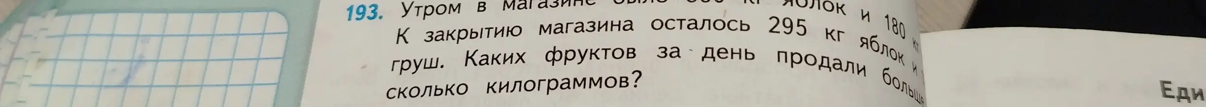 Определи, каких фруктов за день продали больше и на сколько килограммов.