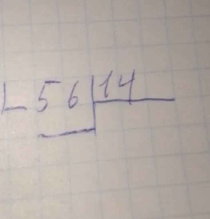 Выполни деление столбиком 56 на 14.