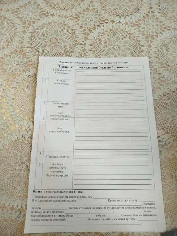 Вставь пропущенные слова в текст про природную зону тундры.