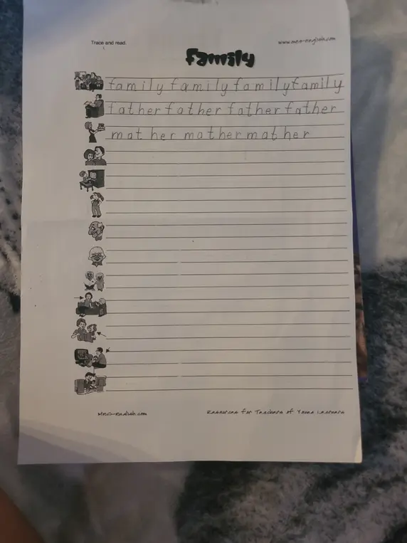 Напиши слова по образцу: family, father, mother.