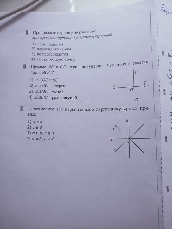 Продолжи верное утверждение: Две прямые, перпендикулярные к третьей ...; определи, что можно сказать про угол AOC, если прямые AB и CD перпендикулярны; перечисли все пары взаимно перпендикулярных прямых.
