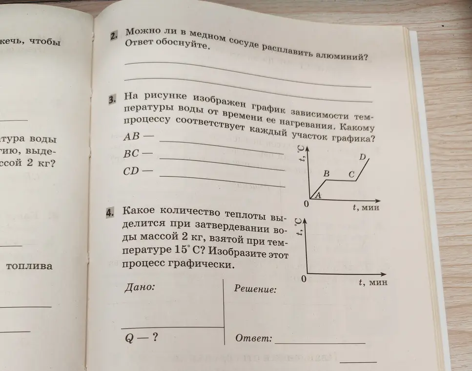 Определи, какому процессу соответствует каждый участок графика, и какое количество теплоты выделится при затвердевании воды массой 2 кг, взятой при температуре 15° С. Изобрази этот процесс графически.