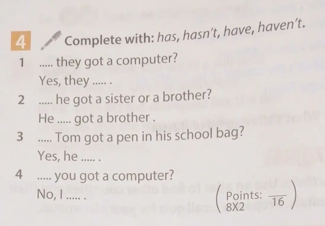 Дополни предложения словами: has, hasn't, have, haven't.