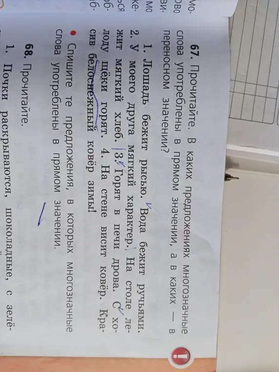 Определи, в каких предложениях многозначные слова употреблены в прямом значении.
