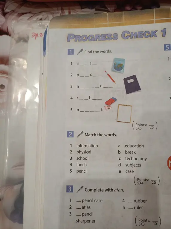 Выполни задания 1, 2, 3 из Progress Check 1: заполни пропуски в словах, сопоставь слова, дополни предложения с a/an.
