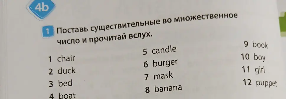 Поставь существительные во множественное число и прочитай вслух.