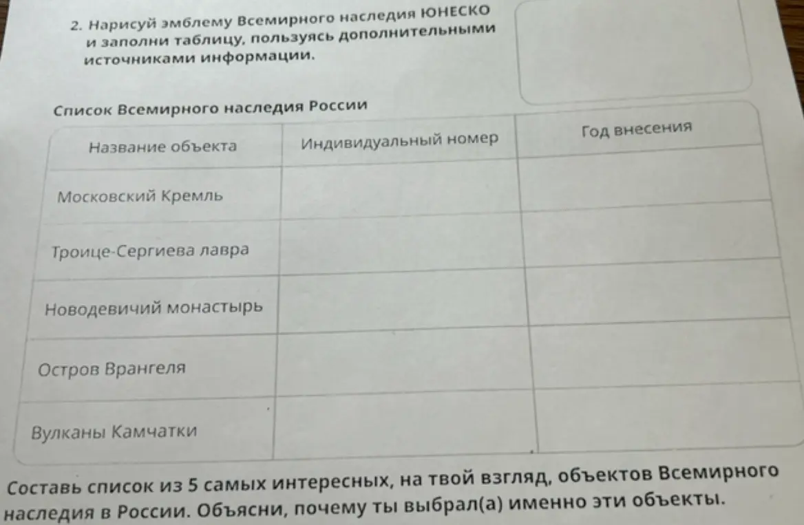 Нарисуй эмблему Всемирного наследия ЮНЕСКО и заполни таблицу, пользуясь дополнительными источниками информации.