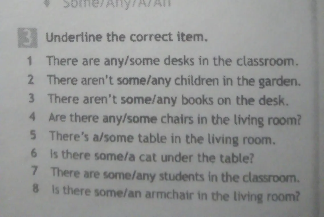 Подчеркни правильный вариант в предложениях с some, any, a, an.