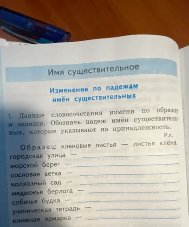 Измени словосочетания и обозначь падеж имён существительных, которые указывают на принадлежность.