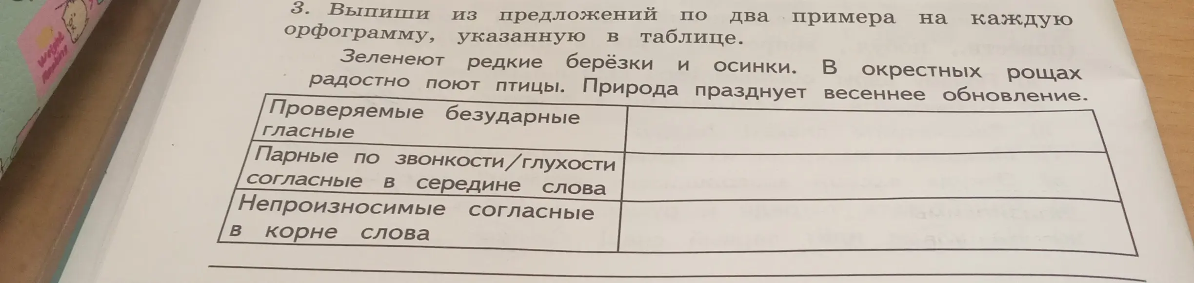 Выпиши из предложений по два примера на каждую орфограмму, указанную в таблице.