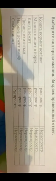 Выбери вид предложения и закрась правильный ответ для каждого предложения: Кошка кормит котёнка.