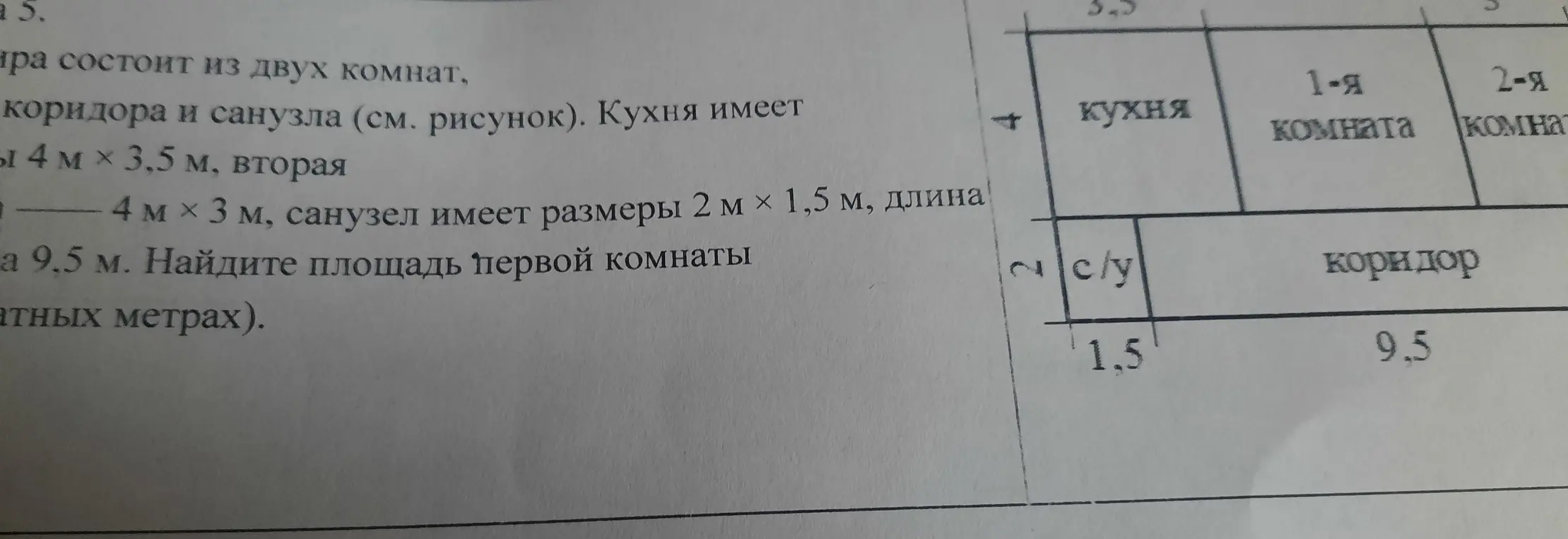 Найди площадь первой комнаты в квадратных метрах.