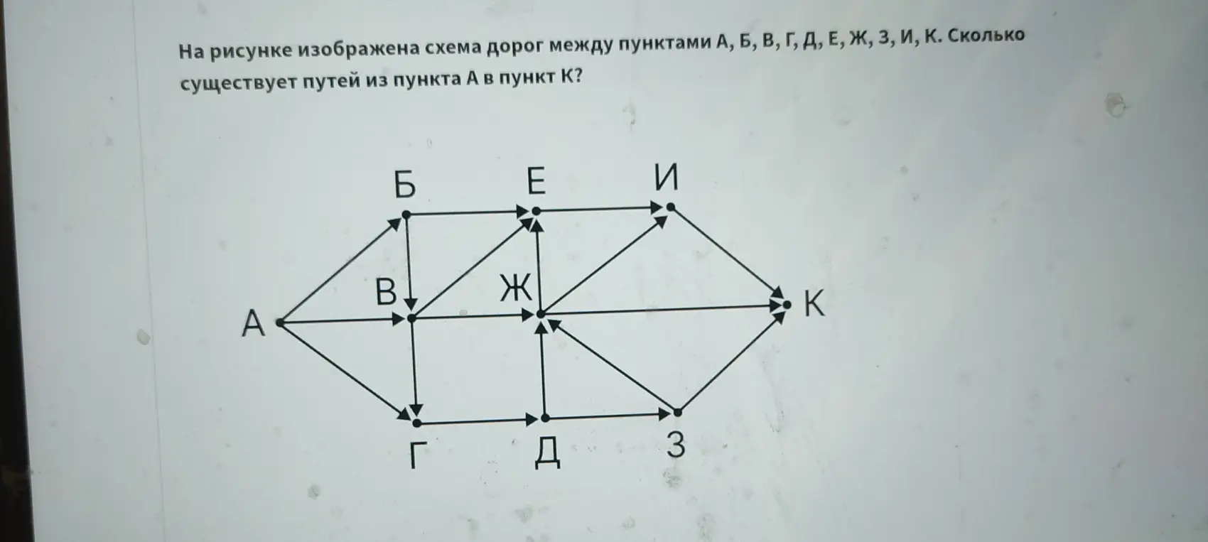 Посчитай количество путей из пункта А в пункт К на схеме дорог.