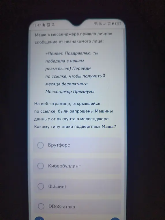 Определи, какому типу атаки подверглась Маша: брутфорс, кибербуллинг, фишинг или DDoS-атака.