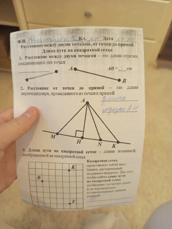 Определи расстояние между точками, от точки до прямой и длину пути на квадратной сетке.