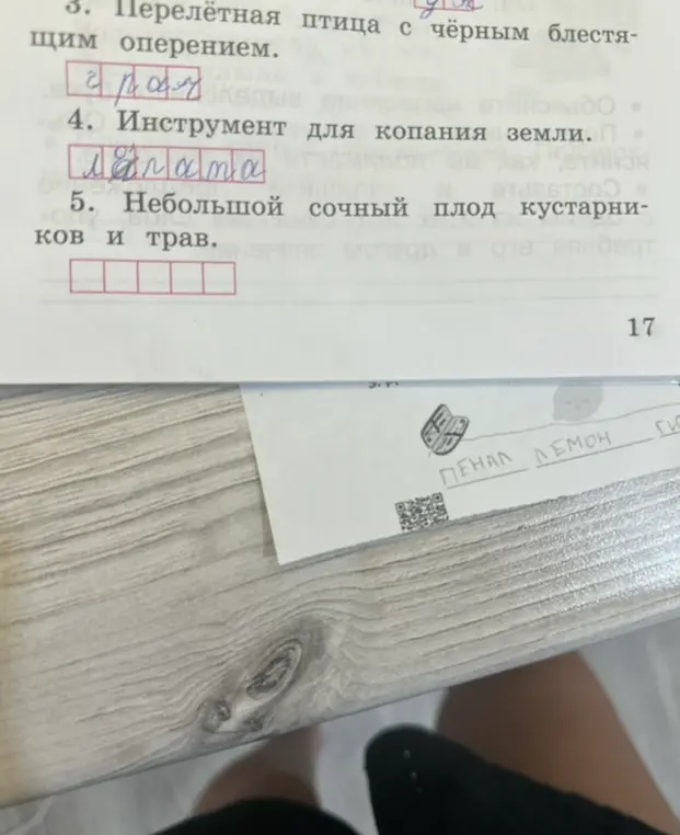 Впиши слово в пустые клетки, чтобы получилось слово по смыслу: 'Небольшой сочный плод кустарников и трав'.