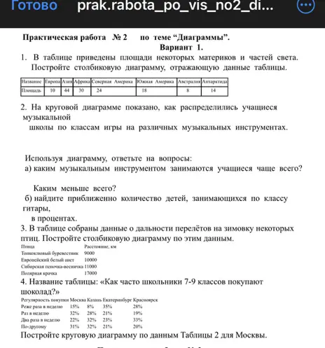 Построй столбчатую диаграмму, отражающую данные таблицы с площадями материков и частей света; ответь на вопросы по круговой диаграмме о музыкальных инструментах; построй столбчатую диаграмму по данным о дальности перелётов птиц; построй круговую диаграмму по данным таблицы о покупке шоколада для Москвы.