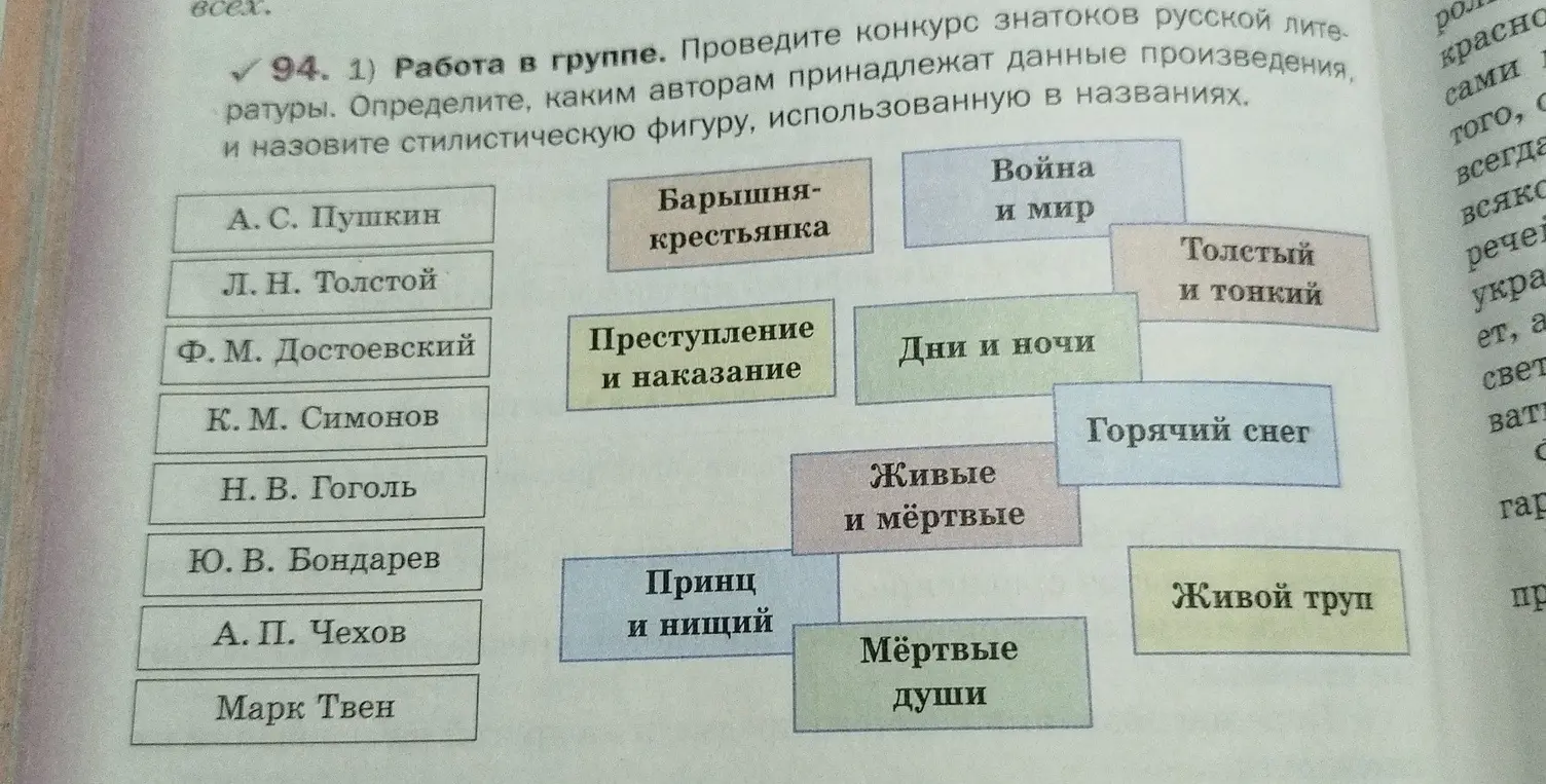 Определи, каким авторам принадлежат данные произведения и назови стилистическую фигуру, использованную в названиях.