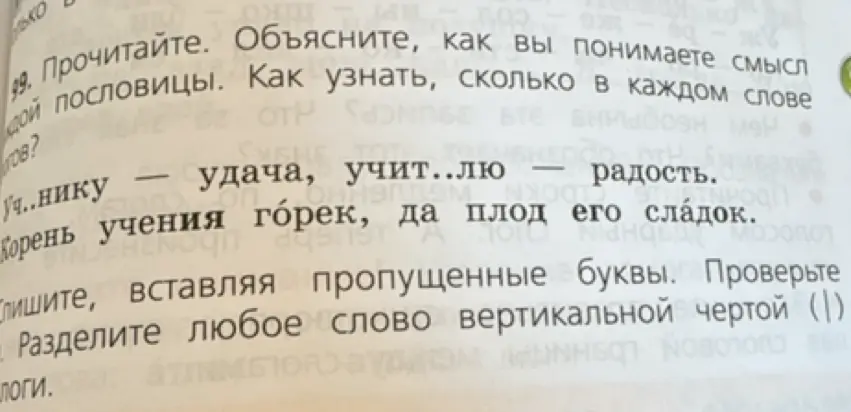Объясни смысл пословицы и раздели слово вертикальной чертой.