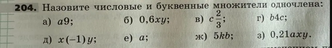 Назови числовые и буквенные множители одночлена в заданиях a, б, в, г, д, е, ж, з.